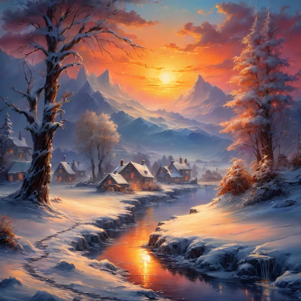 a painting of a winter scene with a sunset