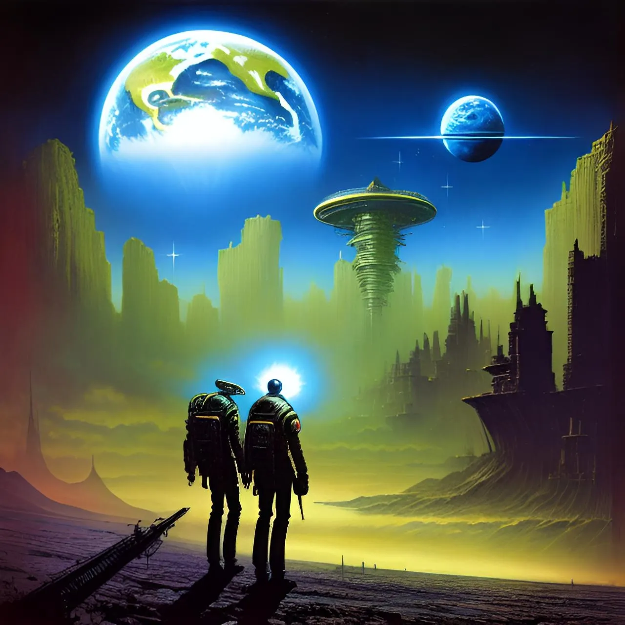 a painting of two people standing in front of a planet