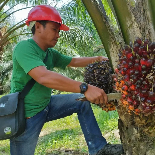 a man in a hard hat is picking palm fruit from a tree