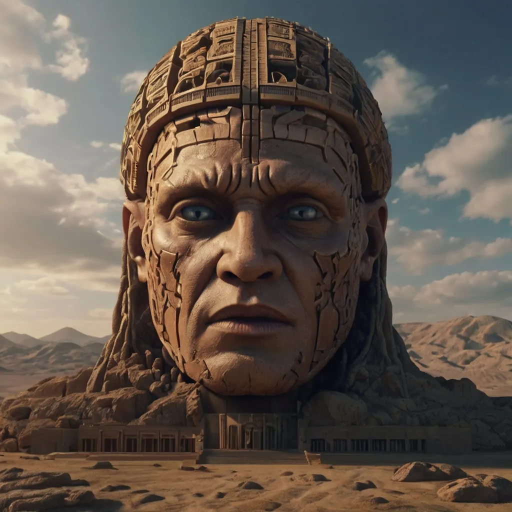 a large statue of a man's head in the middle of a desert