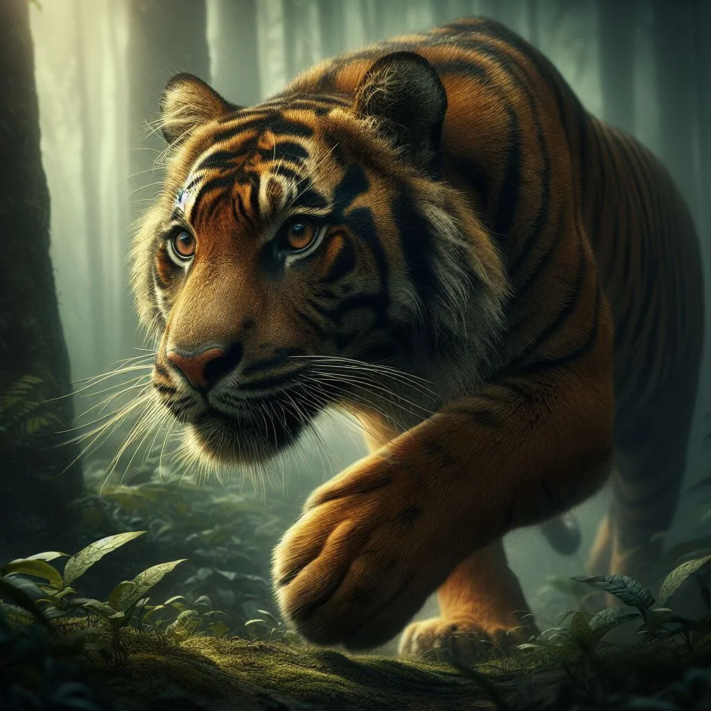 a tiger walking through a forest filled with trees