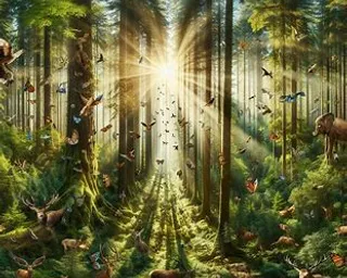 a painting of a forest filled with animals