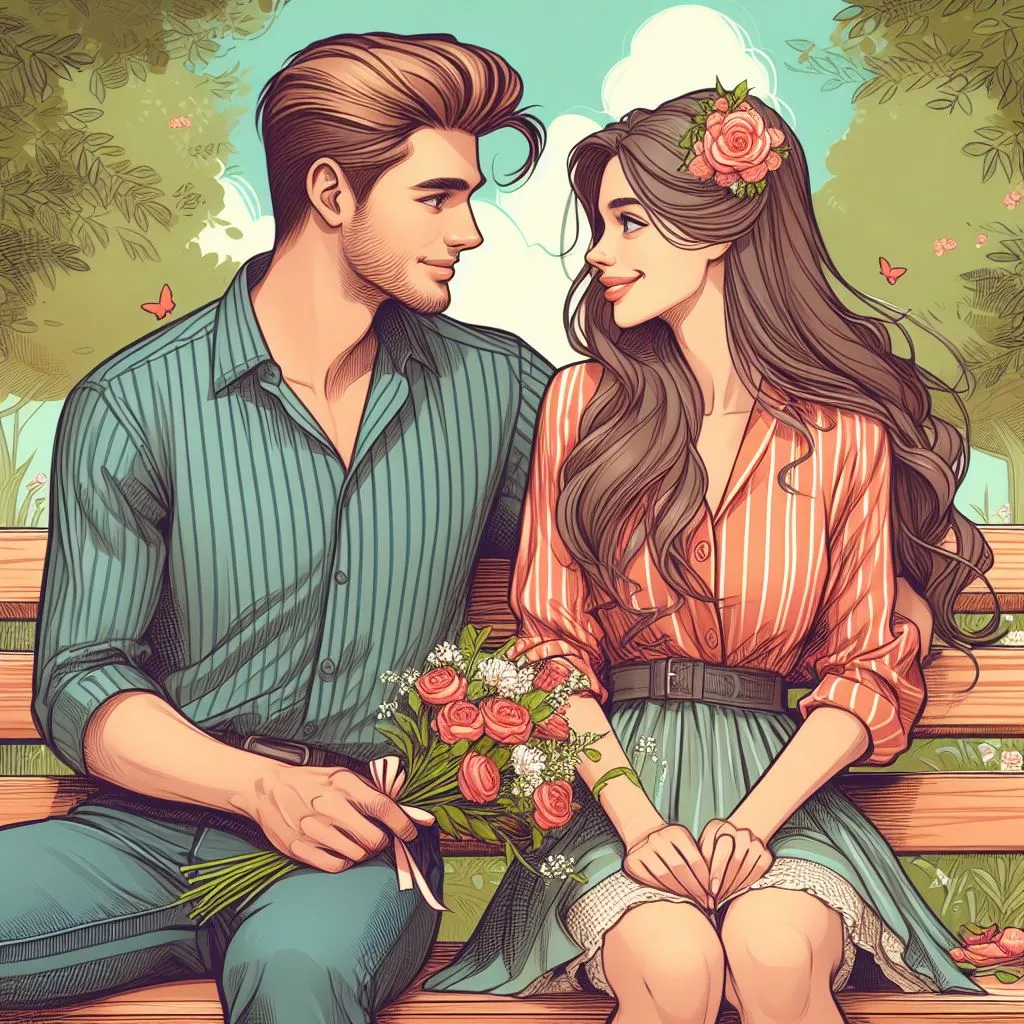 image of The man and woman in love sit together on a park bench, while the man looks at his beloved woman with a sense of wonder.