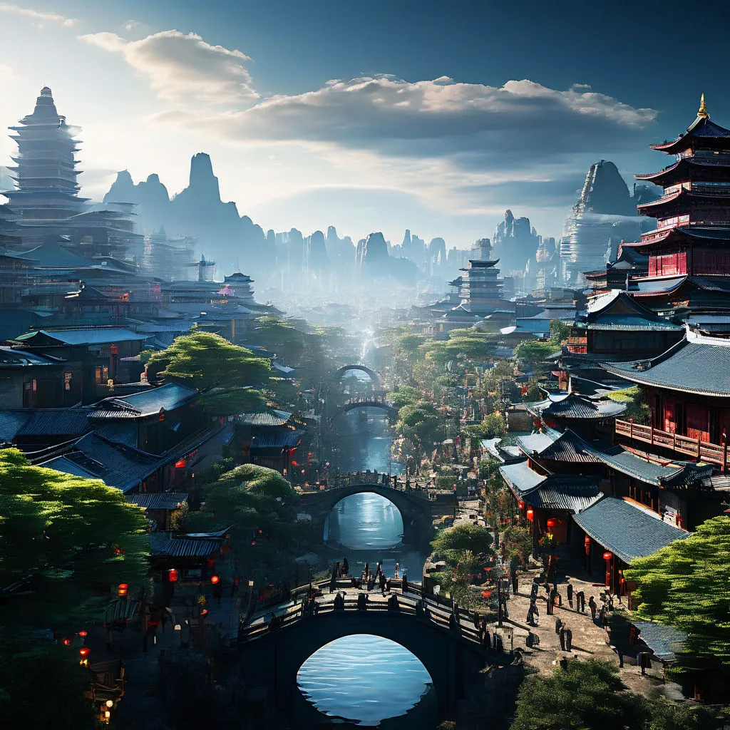 an oriental city with a bridge over a river