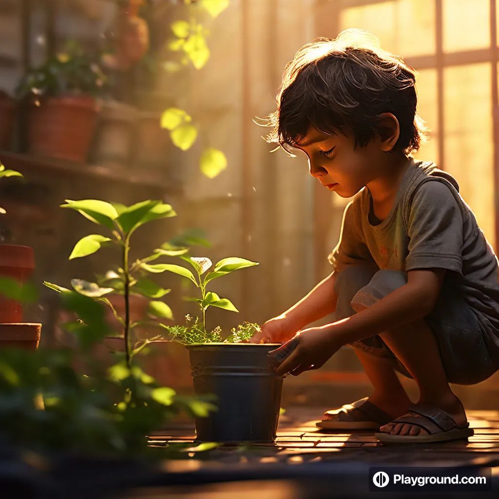 a young boy kneeling down next to a potted plant