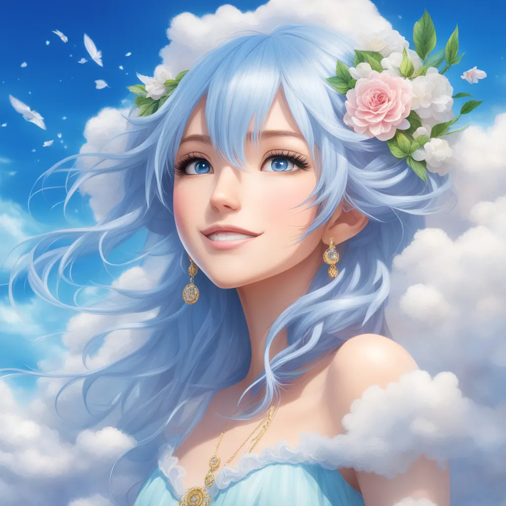 a girl with blue hair and a flower in her hair