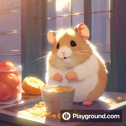 a brown and white hamster sitting on a table next to a bowl of food