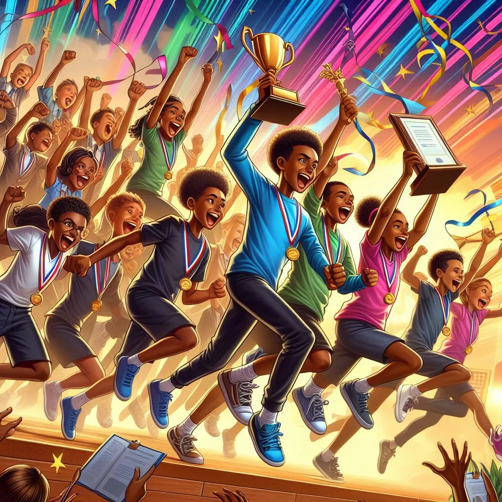 a painting of a group of people holding up a trophy