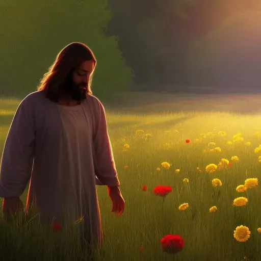 a man standing in a field of flowers