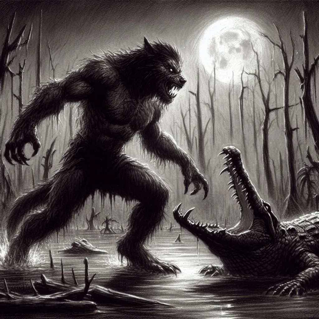 a werewolf attacking a crocodile in a swamp? charcoal style 