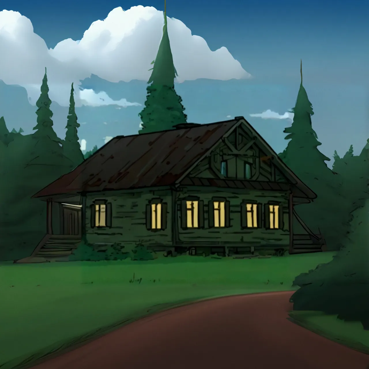 a drawing of a house in the middle of a forest