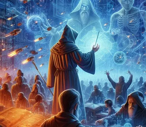 a painting of a wizard in front of a crowd of people