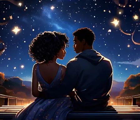 a man and a woman sitting on a bench looking at the stars