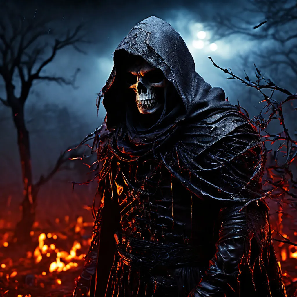 a skeleton dressed in a black outfit standing in a field