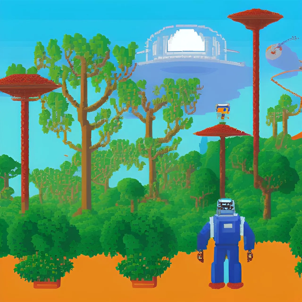 a robot standing in front of a forest filled with trees