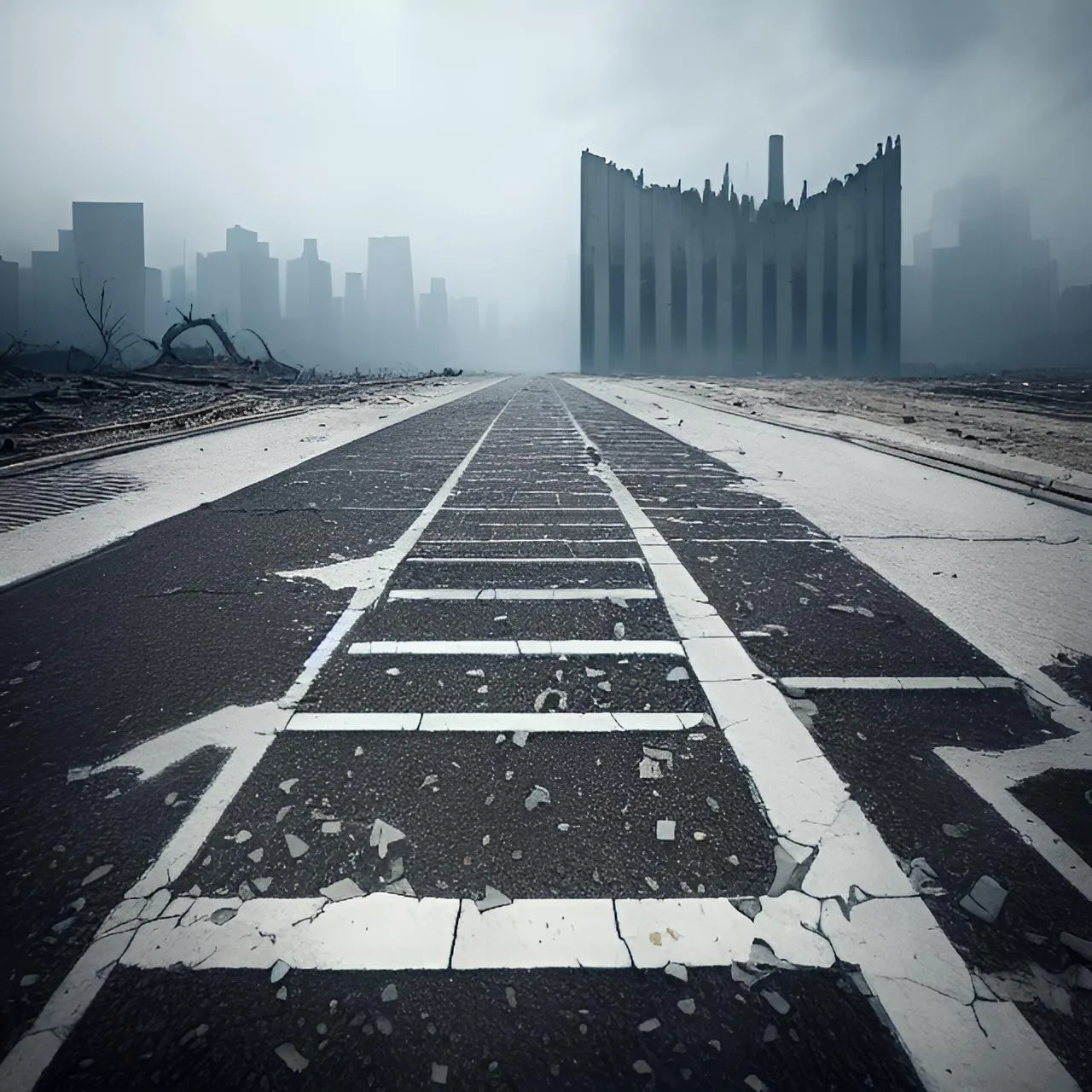 an empty road with a building in the background