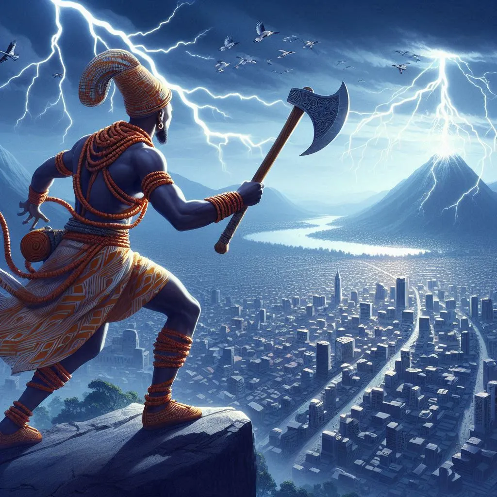 a painting of a man holding an axe in front of a city