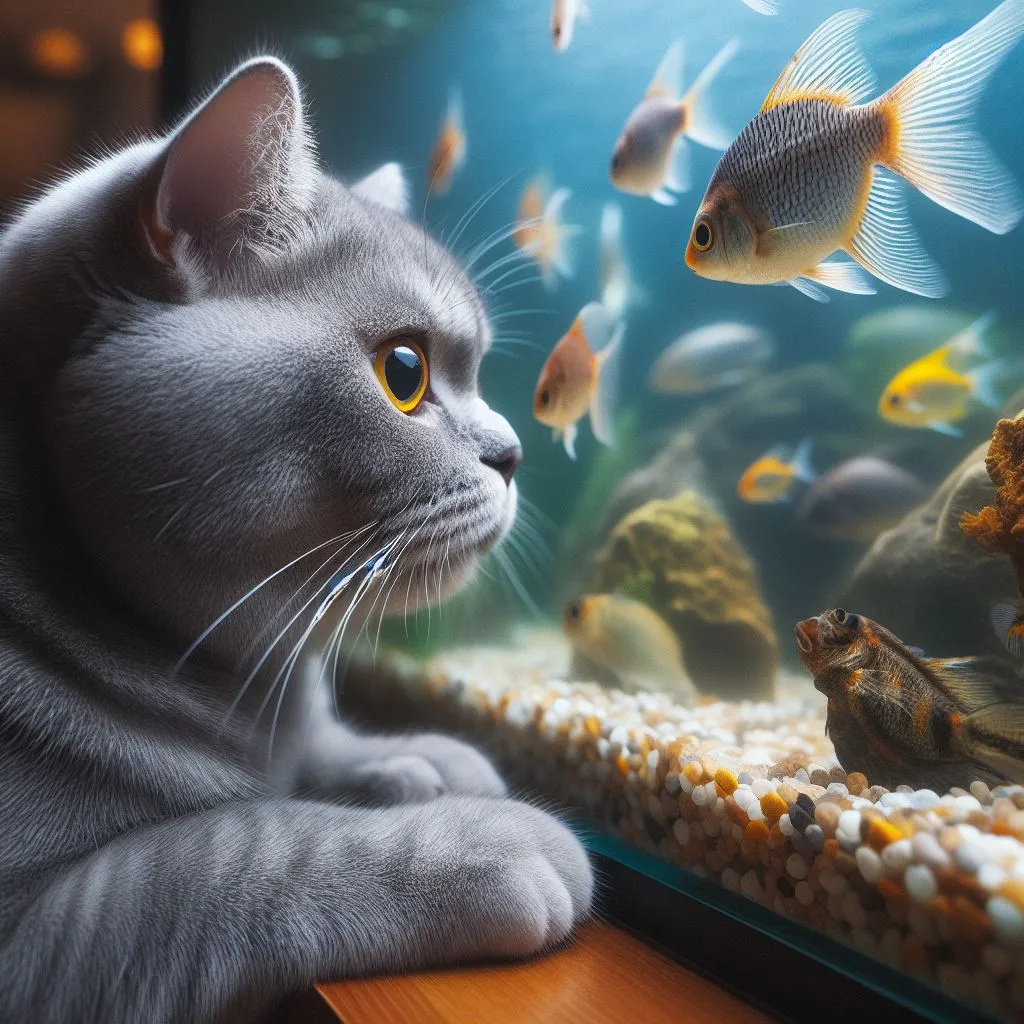 a cat looking at a fish in an aquarium