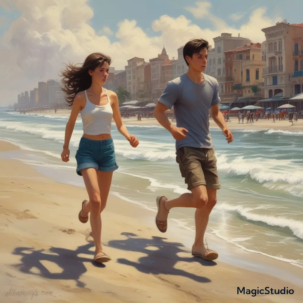 a painting of a man and a woman running on the beach