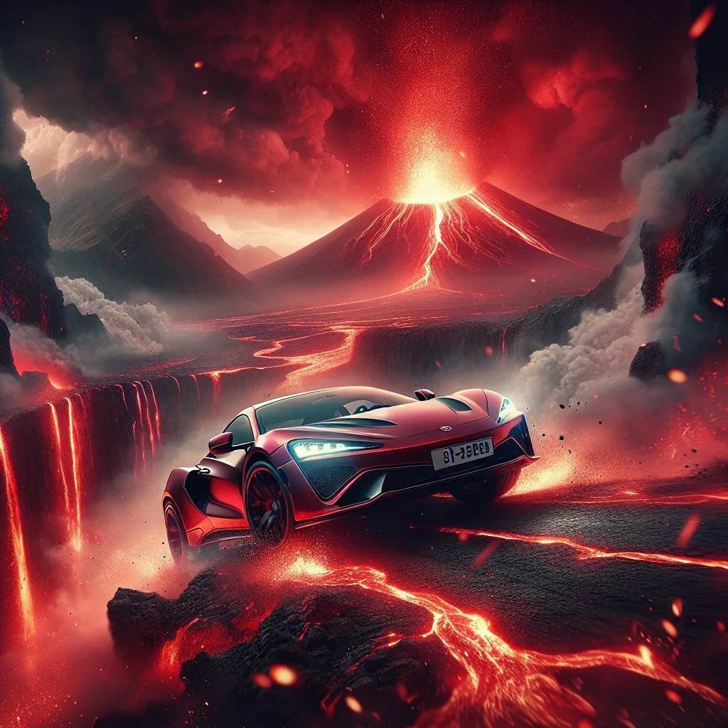 The white sports car careening through a chaotic, end-of-the-world landscape of fire and ash.