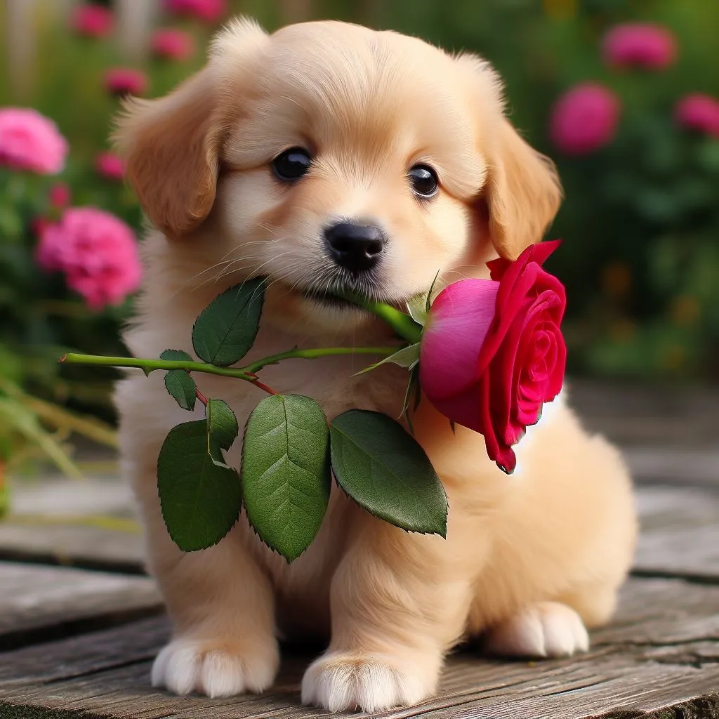 a puppy holding a rose in its mouth