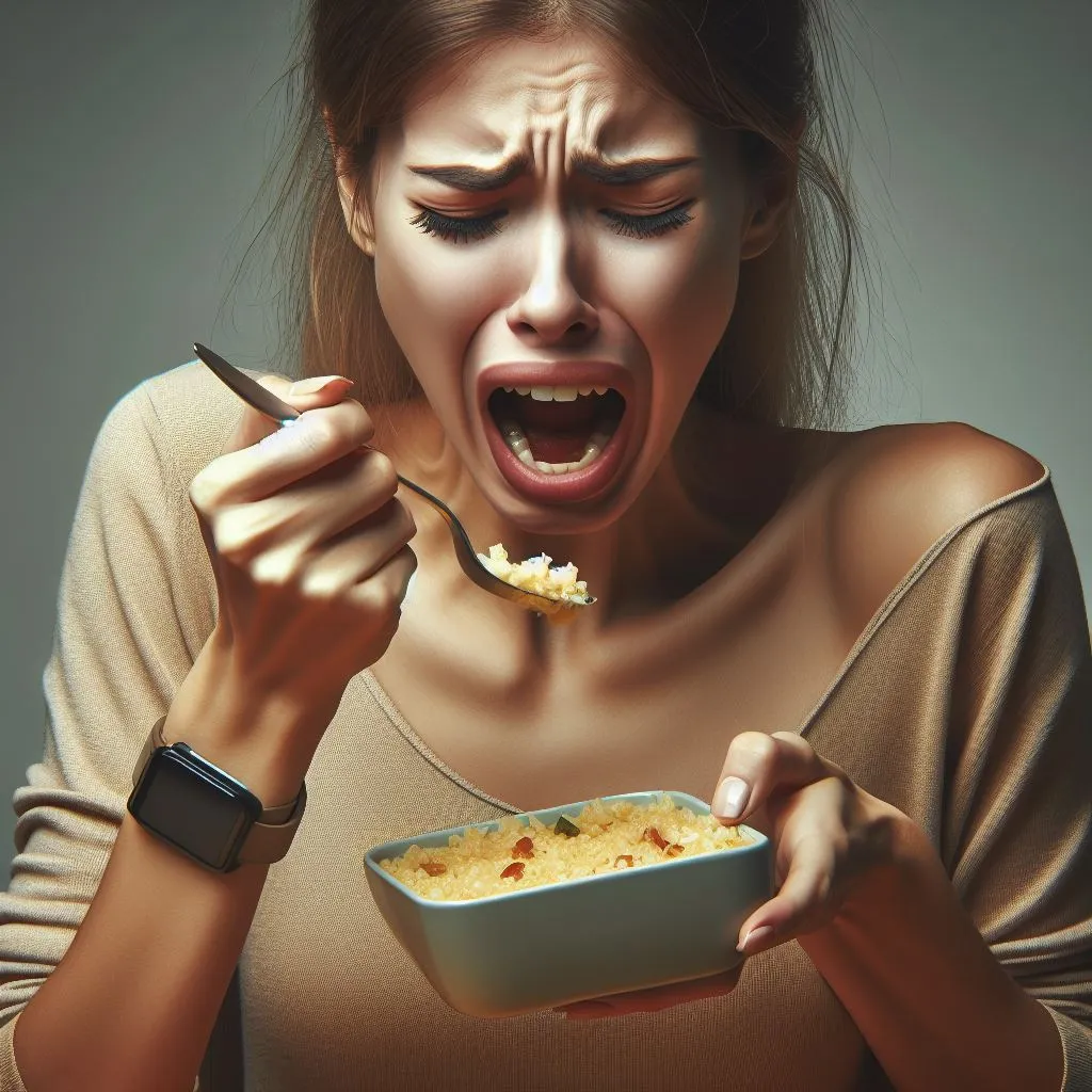 a woman eating a bowl of cereal with a spoon, she is nervous and emotional