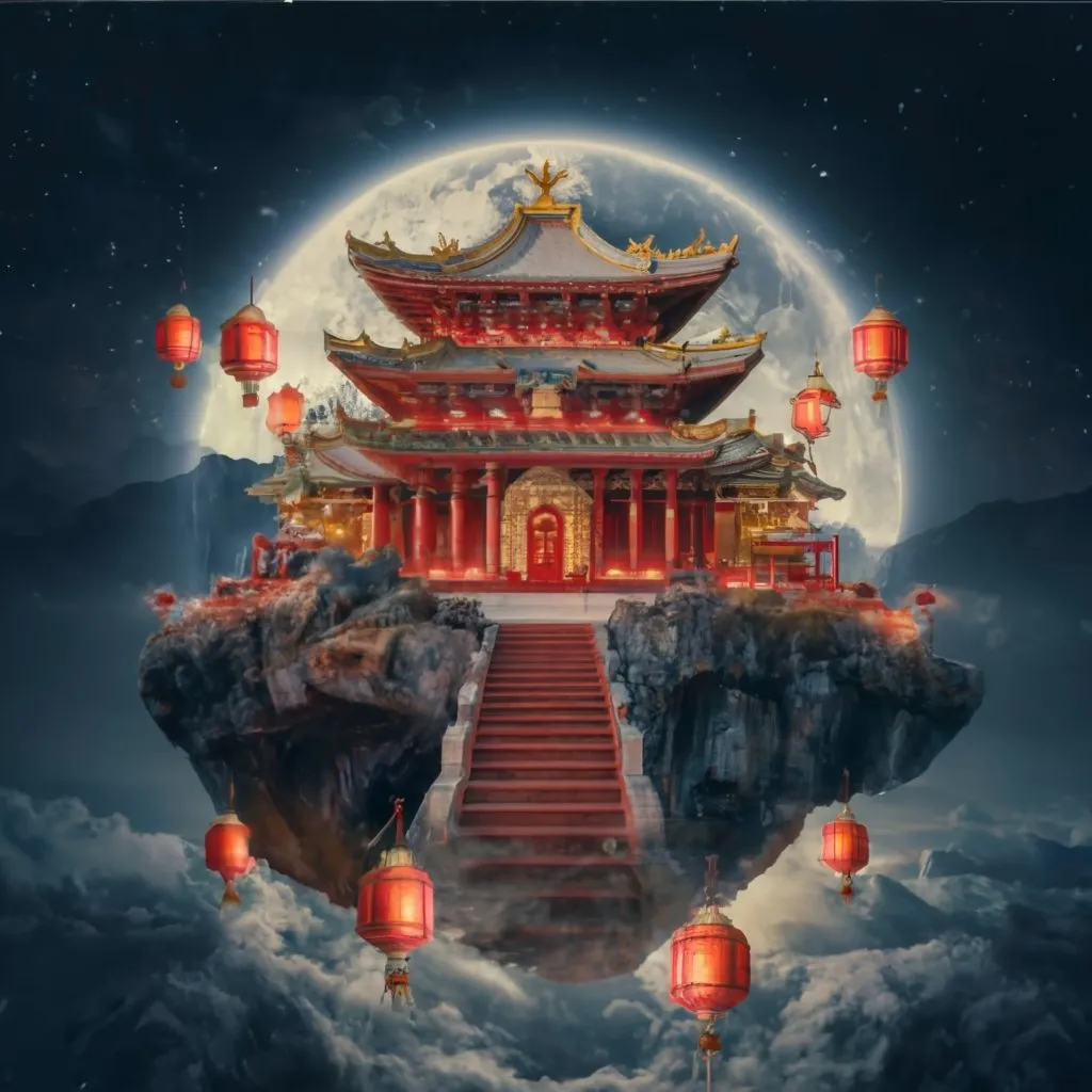 a chinese temple with lanterns floating in the sky