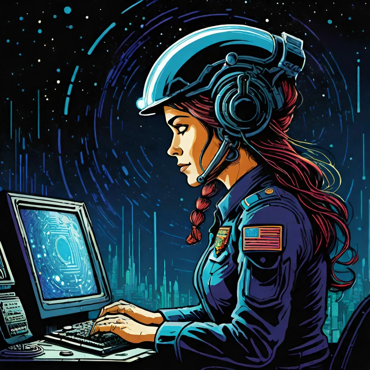 a woman wearing a helmet using a computer