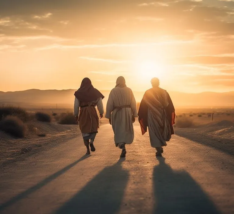 two women walking down a road at sunset