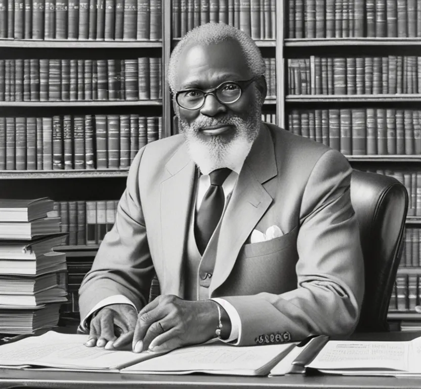 a black Nigerian man sitting at a desk in front of his office with bookshelf and awards