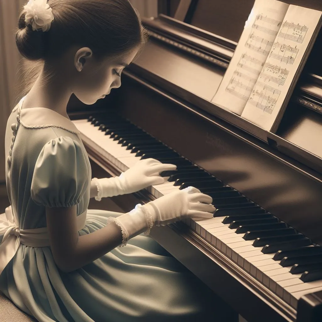 a young girl sitting at a piano playing the piano