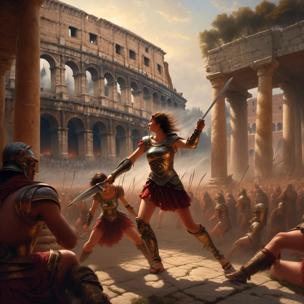 In ancient Greece, female gladiators clash in Colosseum.
