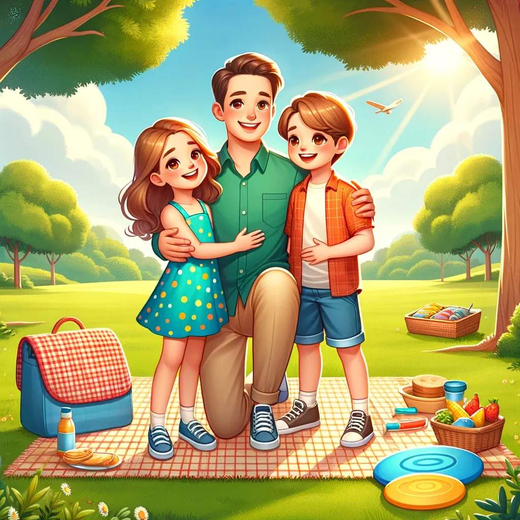 a man and two children are standing in the park