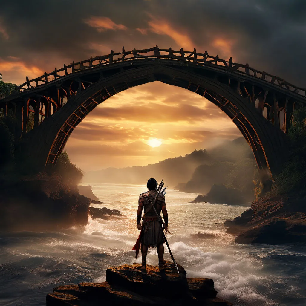 a man standing on a rock in front of a bridge, make the scene real 