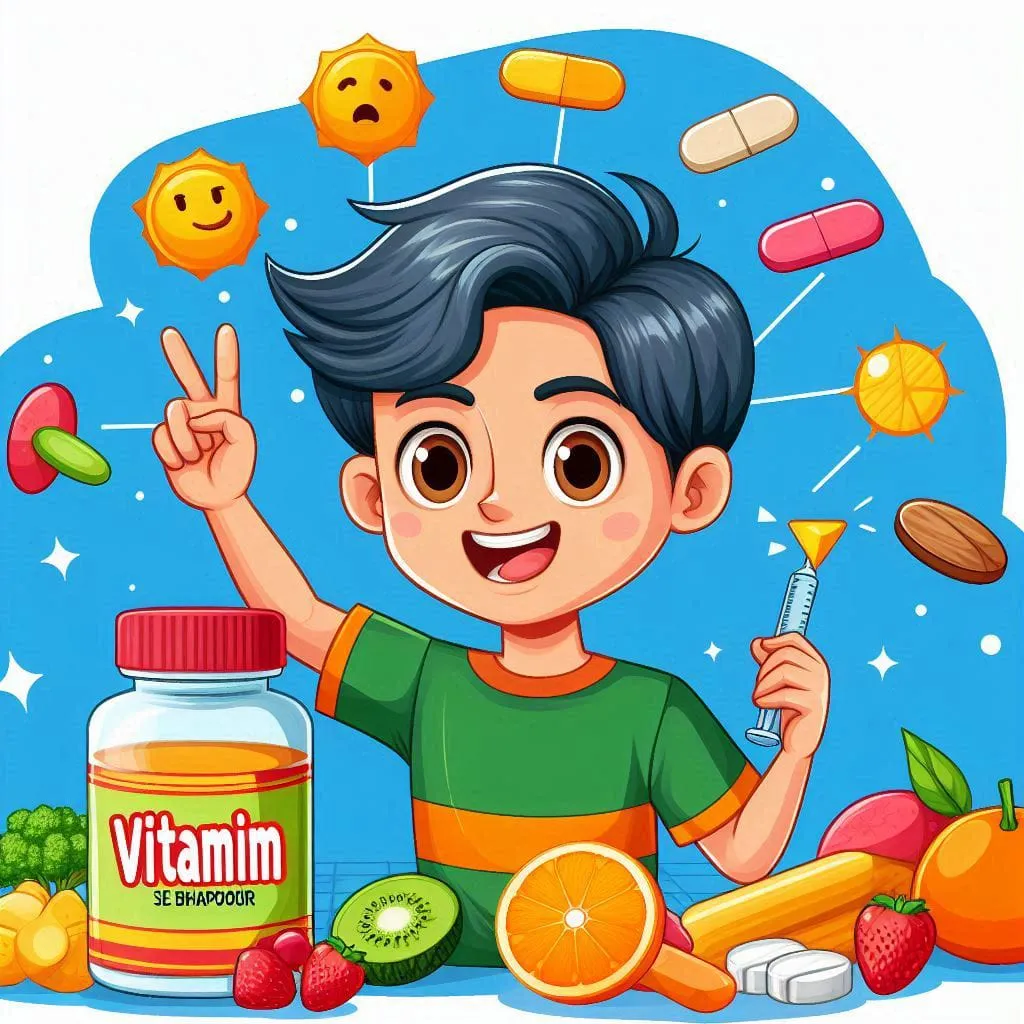 a boy holding a vitamin pill and a bottle of vitamin