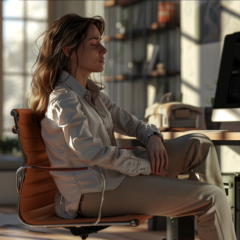 a woman sitting in an office chair with her eyes closed