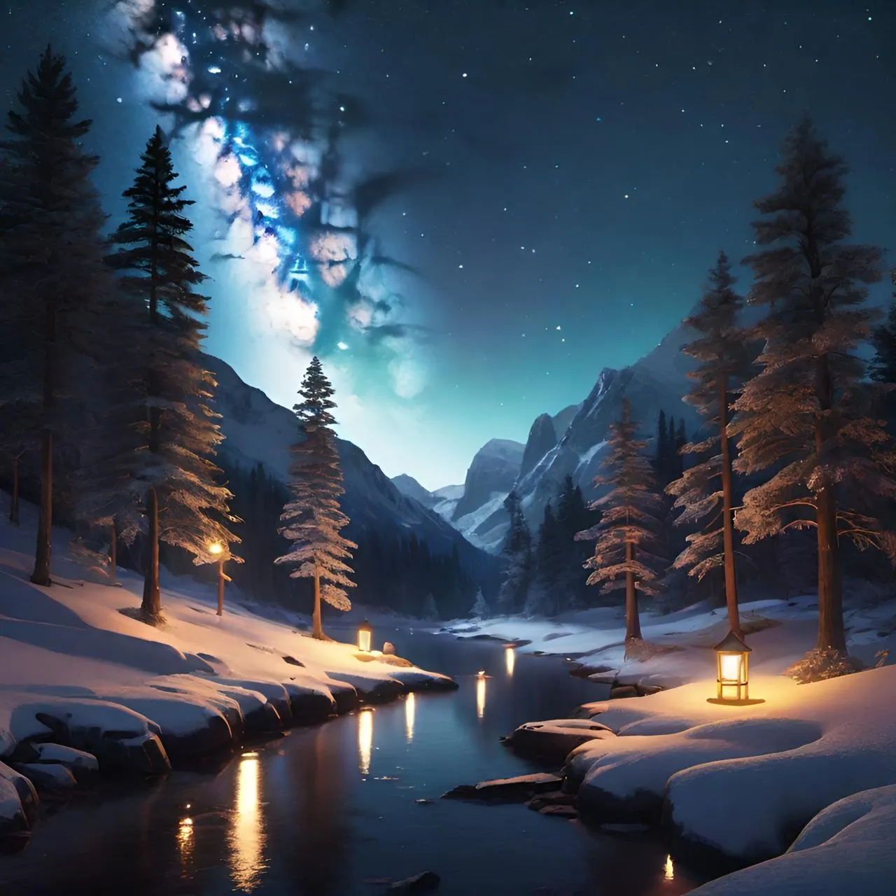 a night scene of a snowy mountain with a lake and trees