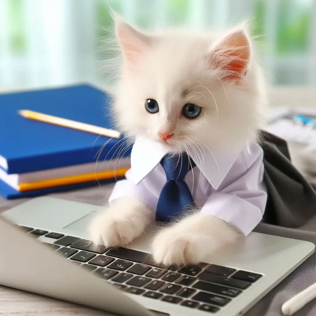 a kitten wearing a shirt and tie sitting on a laptop