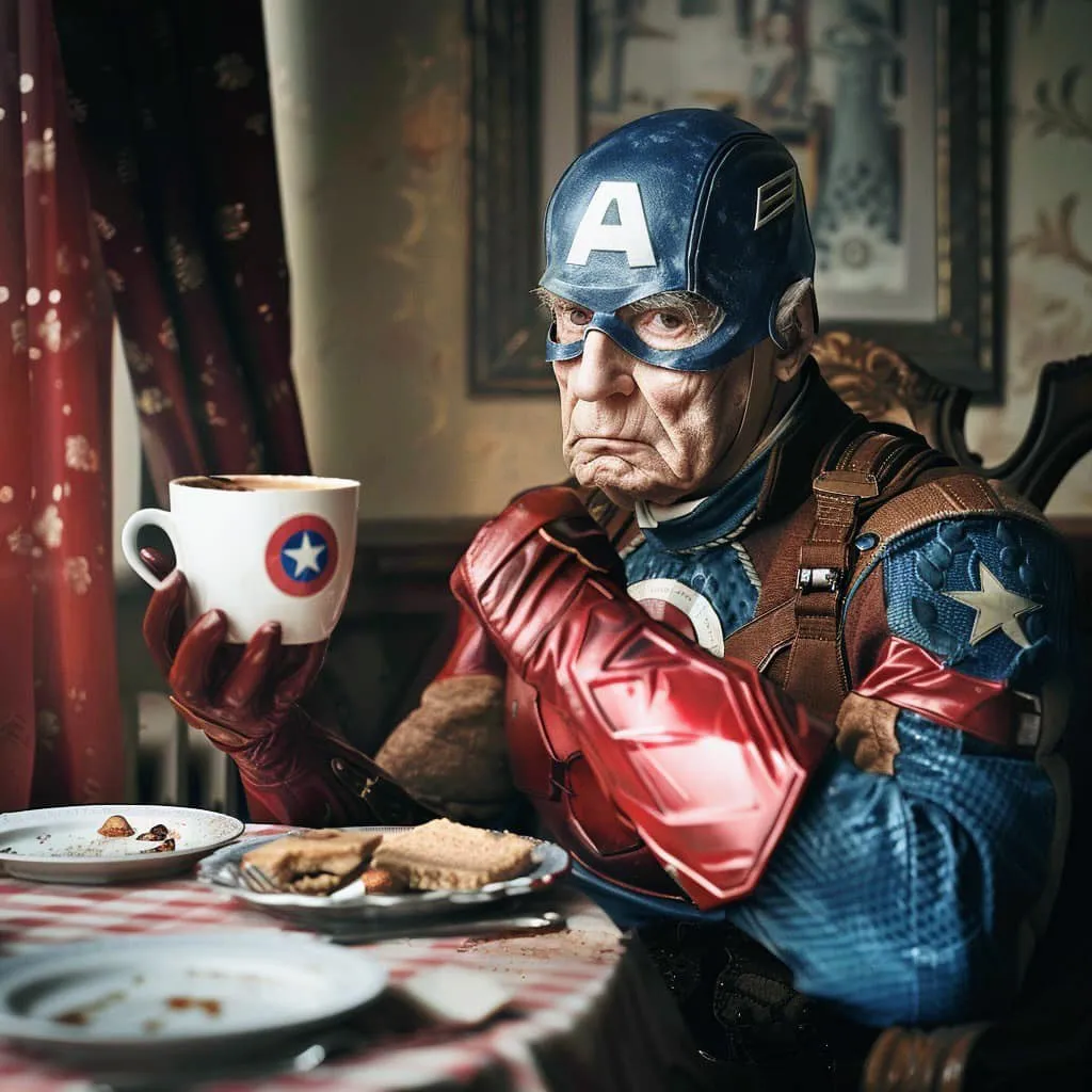 an old captain america  holding a cup of coffee