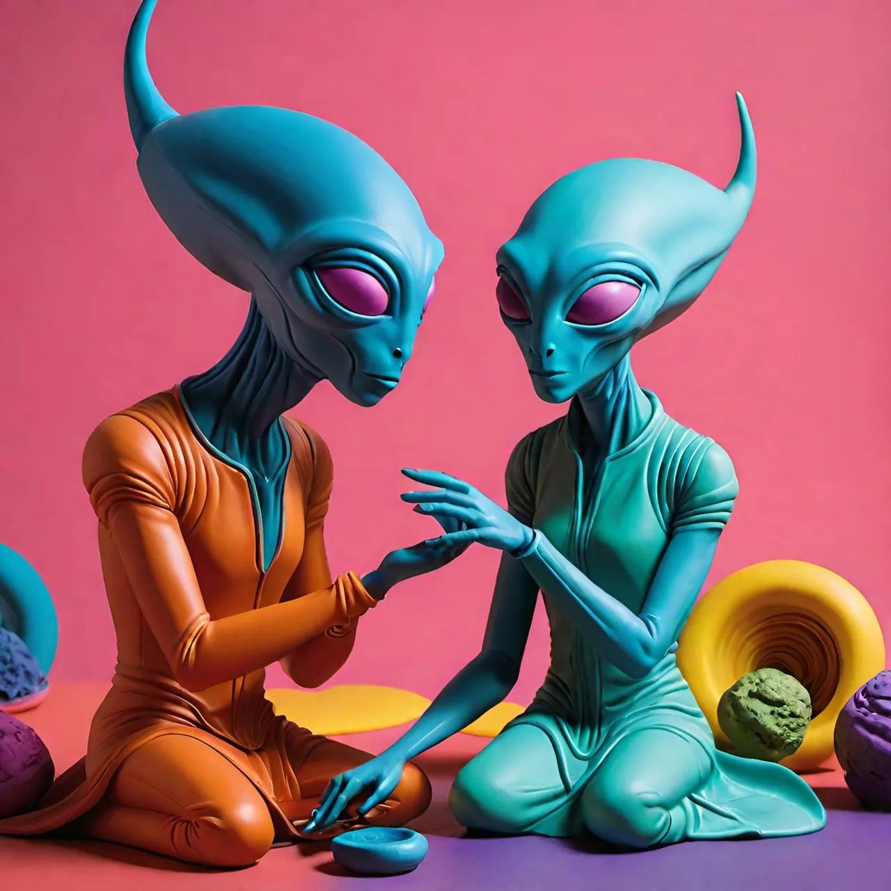 a couple of alien figurines sitting next to each other