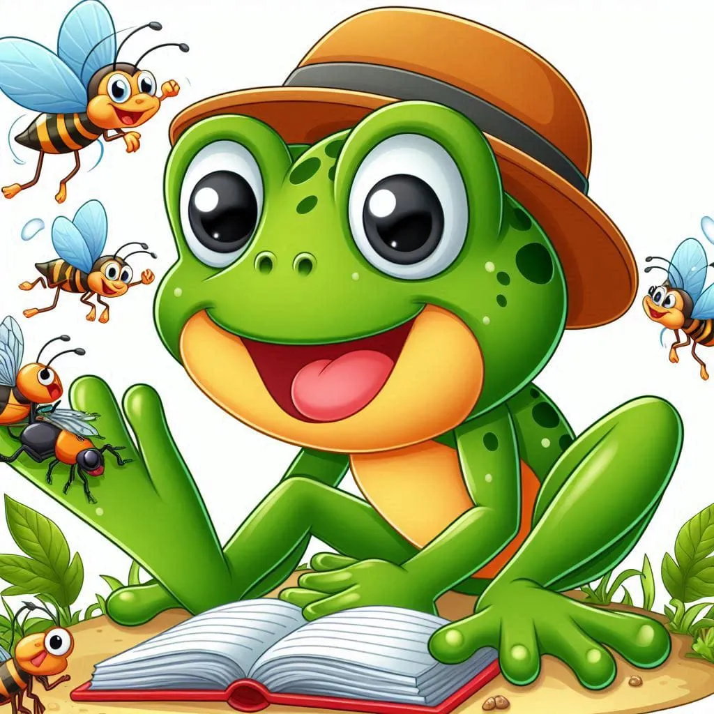 a frog reading a book with bees flying around