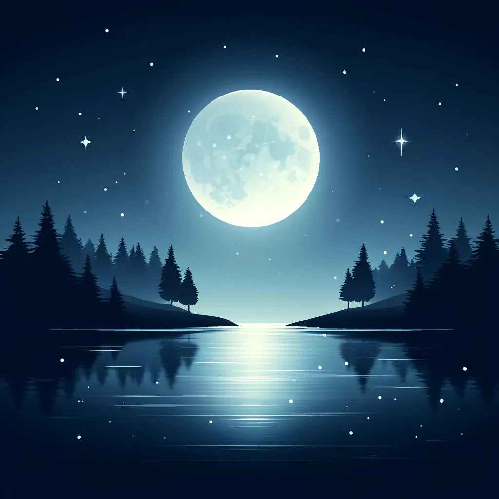 a night scene with twinkling stars and a full moon over a calm peaceful lake