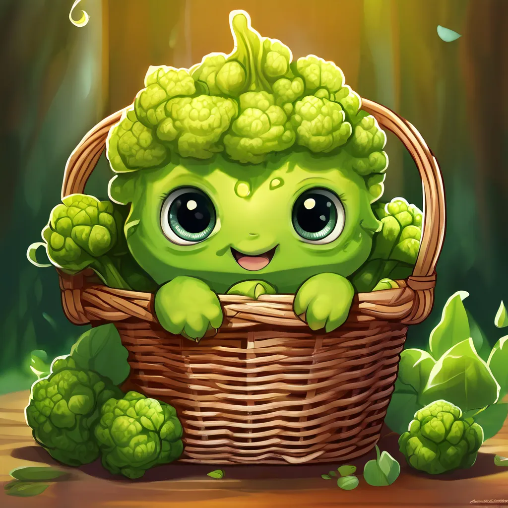 a cute little green creature sitting in a basket