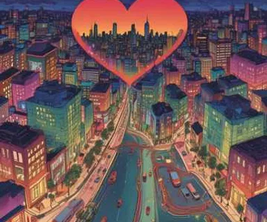 a painting of a heart over a city