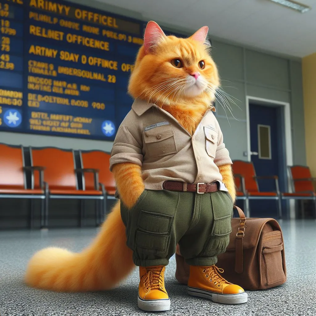 a cat in a military uniform standing in an airport