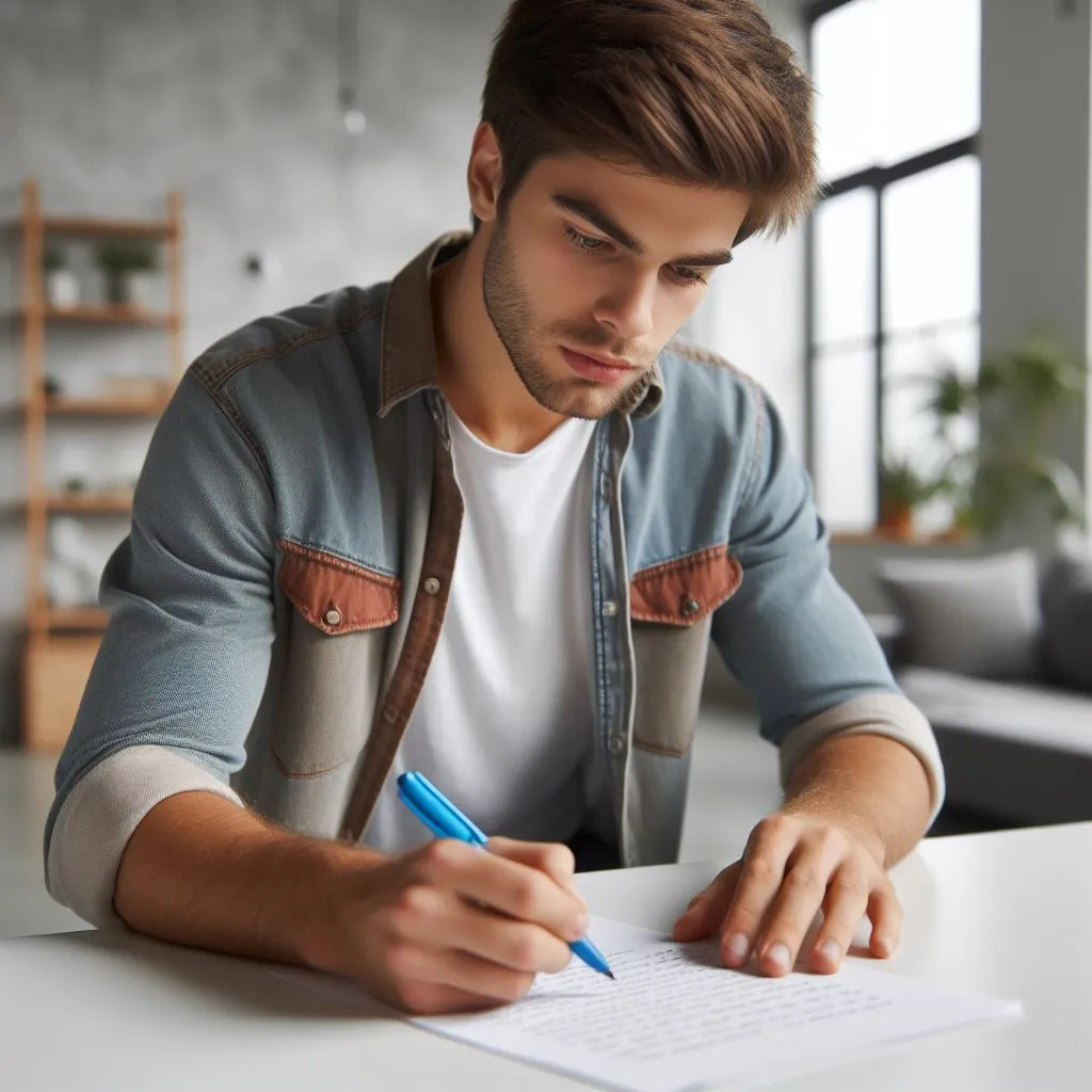 a man sitting at a table writing on a piece of paper