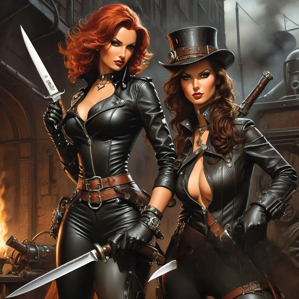 two beautiful women holding swords