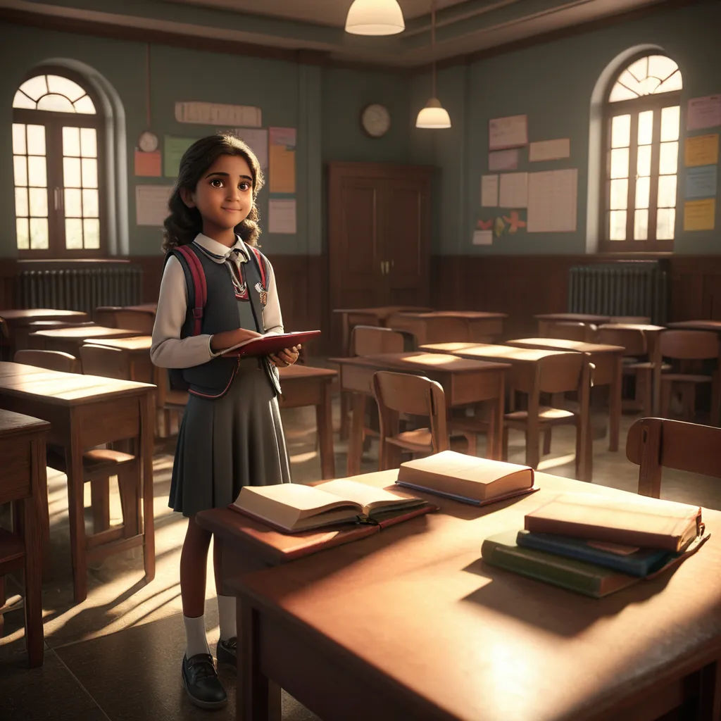 a young girl standing in a classroom holding a book