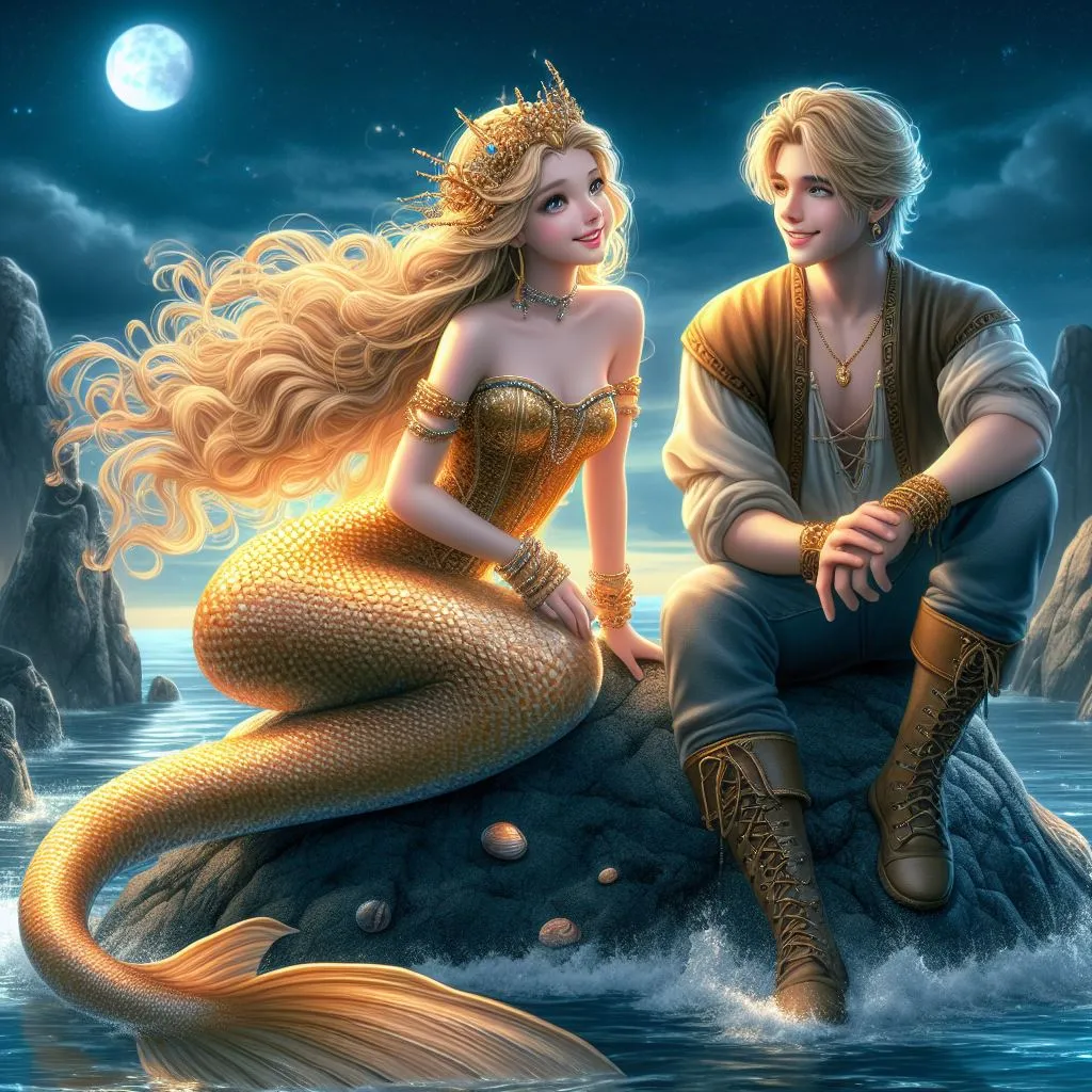 a man and a mermaid are sitting on a rock