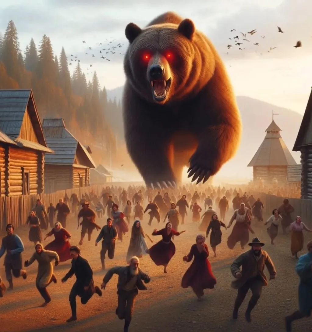  crowd of people running away from a large brown bear with red eyes